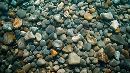 A rocky beach with a lot of rocks scattered around - obrazy, fototapety, plakaty