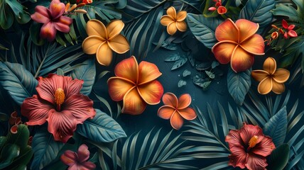 A colorful floral arrangement with a blue background - obrazy, fototapety, plakaty