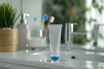 A tube of toothpaste sits on a bathroom counter next to a sink