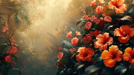 A painting of a lush jungle with a large group of orange flowers - obrazy, fototapety, plakaty