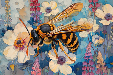 Watercolour style of bee and flowers,close-up, background