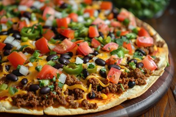 Mexican Taco Pizza with Homemade Crust and Spiced Beef, Minced Vegetable and Bean Toppings
