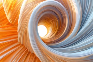 A spiral of orange and white paper with a white circle in the center - obrazy, fototapety, plakaty
