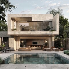 A large house with a pool and a balcony - obrazy, fototapety, plakaty