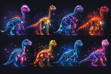 Colorful neon glowing sided dinosaur outline illustration collections on dark background. - obrazy, fototapety, plakaty