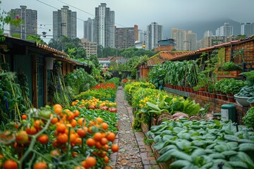 Rooftop garden, Rooftop vegetable garden, Growing vegetables on the rooftop of the building, Agriculture in urban on the rooftop. urban farming initiatives to depict sustainable urban environment - obrazy, fototapety, plakaty