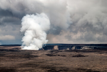 View of the steam plume at Kilauea Volcano in Hawaii Volcanoes National Park on the Big Island of...