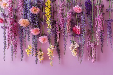 A wall covered in flowers of various colors and sizes - obrazy, fototapety, plakaty