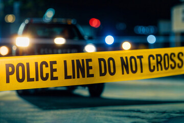 The yellow tape has black letters stating "POLICE LINE DO NOT CROSS". A blurred image of a car is seen in the background with yellow police tape in the foreground