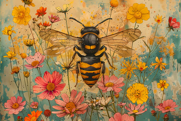 Watercolour style of bee and flowers, background
