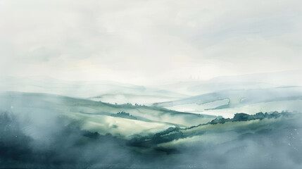 Watercolor painting depicting the beauty of a misty morning in the fields and hills covered with dew in the distance