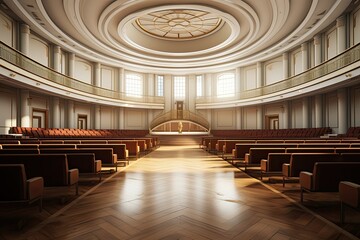 An empty conference hall with neat rows of wooden pews, under the soft light from large stained glass windows. Generative AI