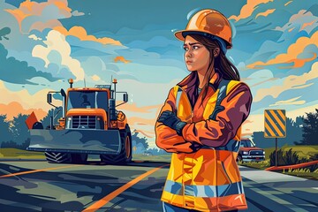 Painting of a female road construction crew member portrayed in a uniform. Generative AI
