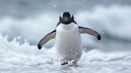A penguin waddling across a snow