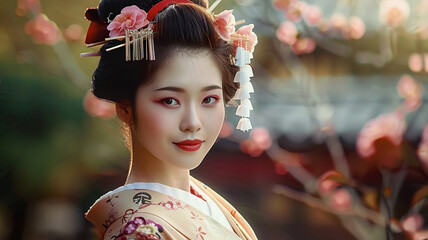 Young geisha looking at camera elegant and beautiful, AI Generative.
