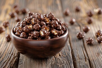 Obraz premium Delicious Chocolate Popcorn in Bowl on Wooden Table - Tasty Snack with Closeup of Brown Popcorn