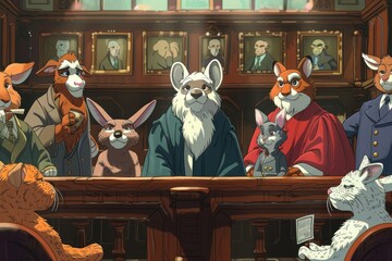 An artistic illustration depicting a courtroom filled with anthropomorphic animal characters in period clothing, engaged in discussion.