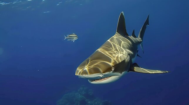 
In the depths of the Red Sea off the coast of Egypt, an oceanic whitetip shark glides gracefully, accompanied by pilot fish