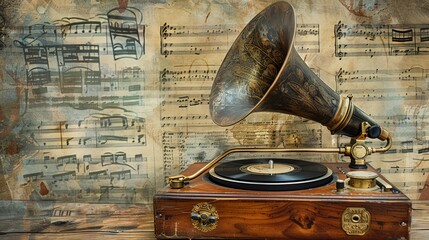 An antique gramophone rests on aged sheet music, evoking a sense of nostalgia. The retro art background exudes a timeless charm, reminiscent of bygone eras.