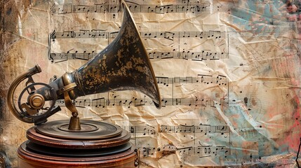 An antique gramophone rests on aged sheet music, evoking a sense of nostalgia. The retro art background exudes a timeless charm, reminiscent of bygone eras.