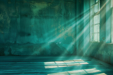 Nostalgia and old-world charm in the retro teal room under gentle sun rays.