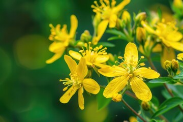 Yellow Blossoms of Hypericum Perforatum, St. John's Wort - A Wild Medicinal Plant in Nature - obrazy, fototapety, plakaty