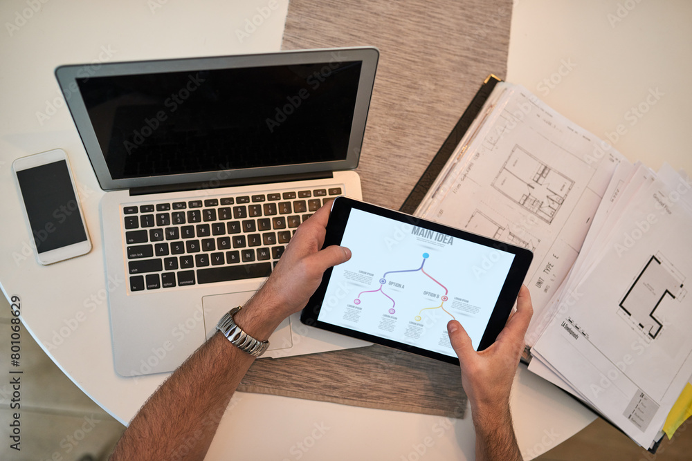 Poster hands, tablet and floor plan in documents, office and architect with idea on technology, digital and