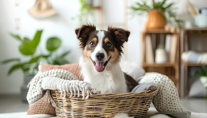 Cute dog in basket and with different pet accessories at home. Banner for design