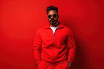 Obraz premium Young and stylish man in tracksuit on red background