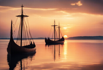 'longships viking sunset approaching illustration norse boat ship sailing sail oar wooden wood plank maritime scandinavian sea ocean shoreline shore coast sun dusk evening reflections'