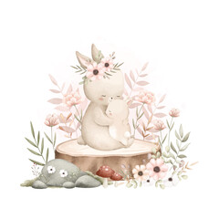 Watercolor Illustration Cute Mom and Baby Rabbit Sit on Log with Flowers and Leaves