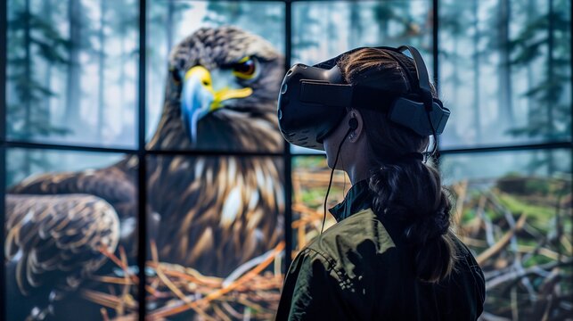 An Amazed Person Wearing a VR Headset and Experiencing Virtual Reality Simulation Of Forest With Eagle. Immersive Technology, Innovative Education. AI Generated