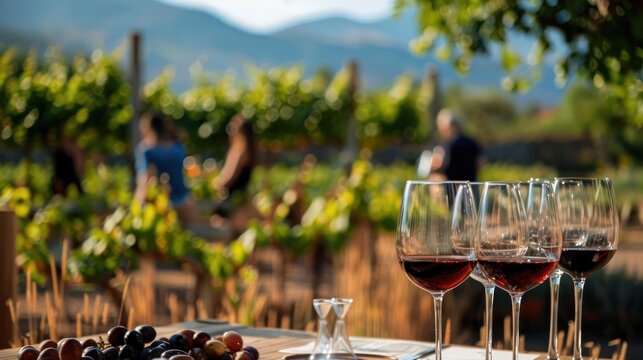 Elegant wine tasting event in a vineyard, with connoisseurs savoring different vintages, appreciating the nuances of flavor and terroir,