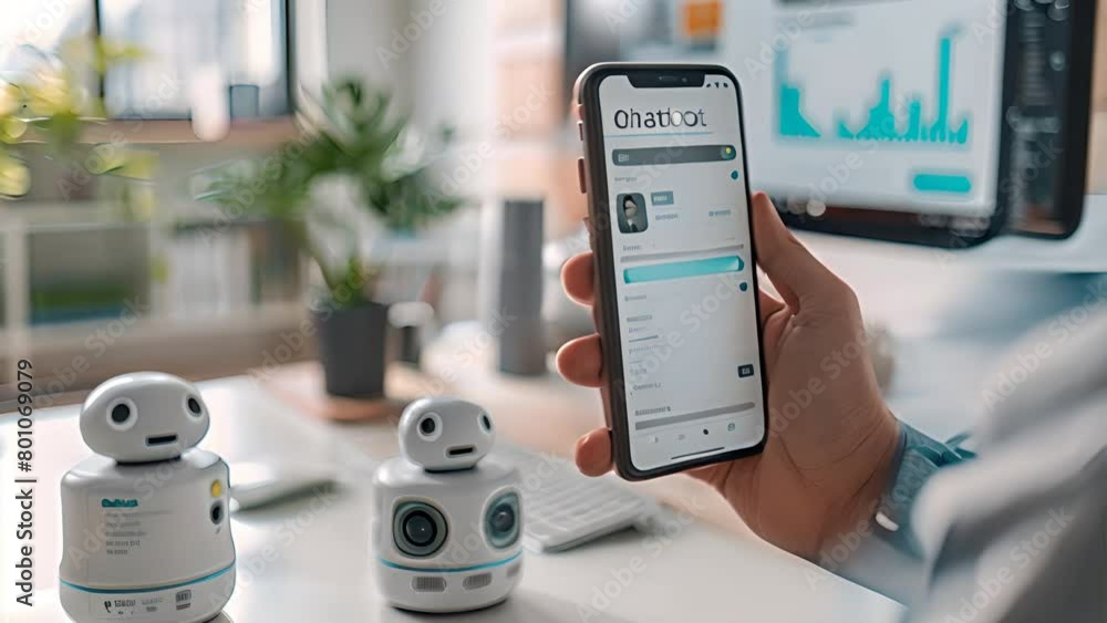 Poster hand holding a mobilephone with a chatbot on his screen,with the text 