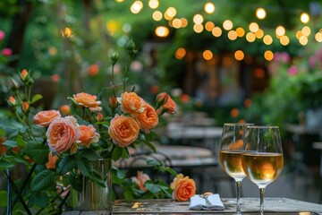 Romantic evening in a rose garden with live classical music, wine tasting, and a poetry reading event, creating a sophisticated ambiance in honor of National Rose Month,
