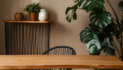 Dark brown aesthetic wooden table ,flower, chair, wood, design, decoration, pot, furniture, kitchen, garden