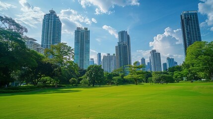 City park with lush green field and modern skyscrapers in the background