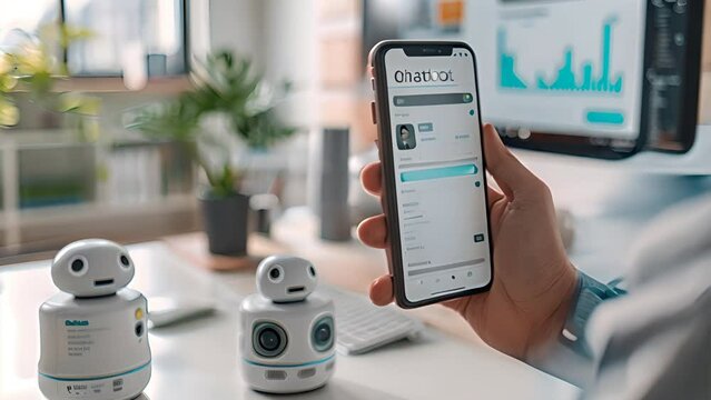 Hand holding a mobilephone with a chatbot on his screen,with the text "Chatbot" on screen,generative ai