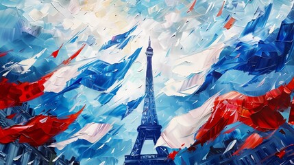 French Bastille Day flags painted against the backdrop of the Eiffel Tower, tricolor waves captured mid-flutter, embodying national pride