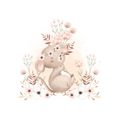 Watercolor Illustration Cute Mouse and Flowers