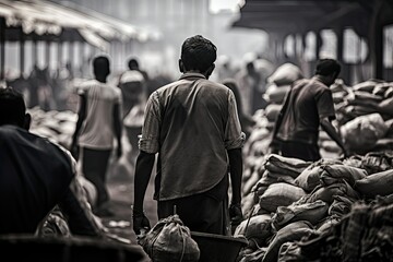 A black and white image of a man strolling through a bustling market. Generative AI