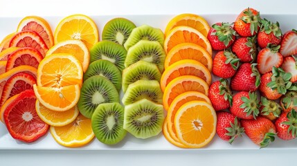 Closeup of a vibrant fruit platter with assorted fruits arranged on a white plate
