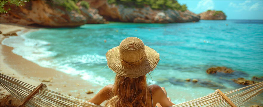 Ragazza sdraiata spiaggia, estate, vacanza, mare