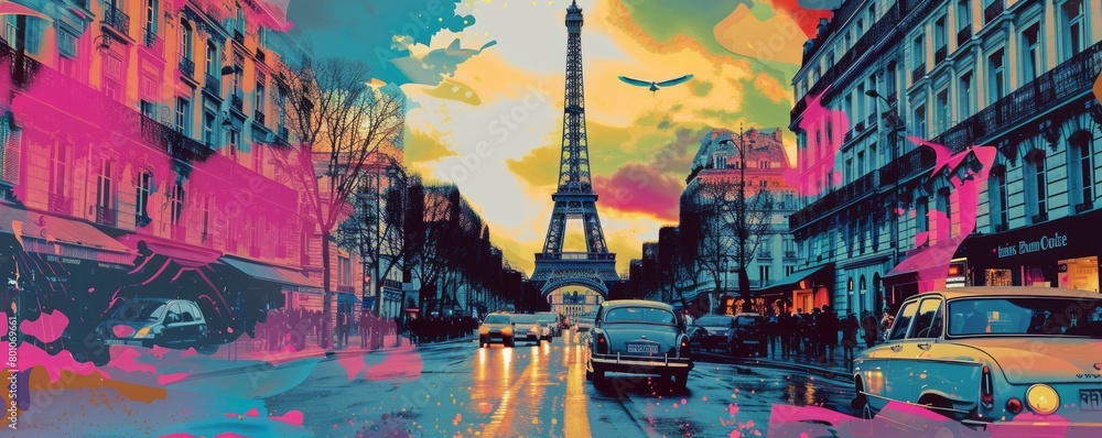 Wall mural pop art illustration collage style of Tour Eiffel, Paris city symbol , travel destination concept 