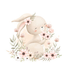 Watercolor Illustration Cute Rabbit and Flowers