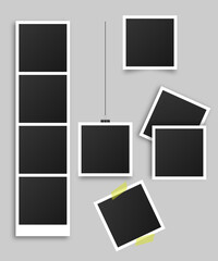 Different sizes of photo frames on gray background with clothespin. Photo booth, instant photos layout, set of photo frames glued together with colored tape. Photo template for scrapbooking. Vector il