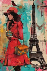 pop art illustration collage style of Tour Eiffel, Paris city symbol , travel destination concept 