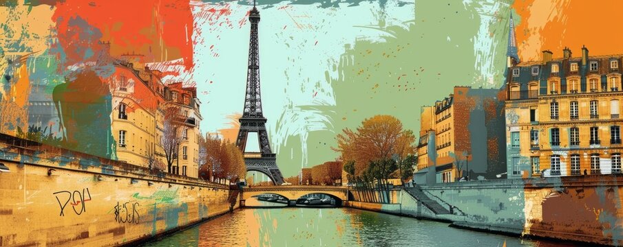 pop art illustration collage style of Tour Eiffel, Paris city symbol , travel destination concept 