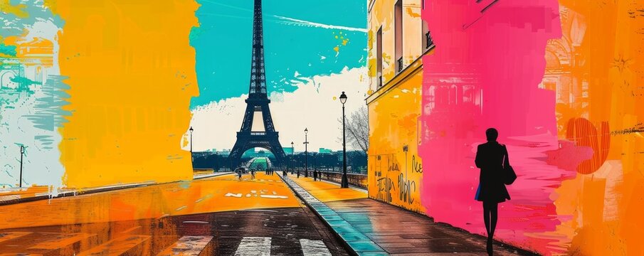 pop art illustration collage style of Tour Eiffel, Paris city symbol , travel destination concept 