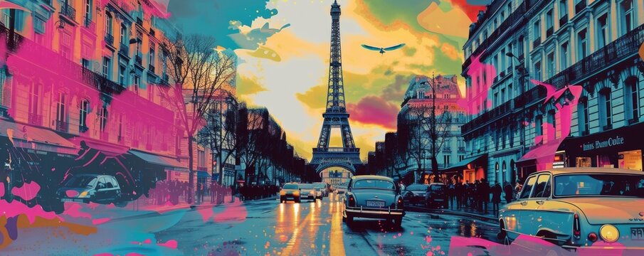 pop art illustration collage style of Tour Eiffel, Paris city symbol , travel destination concept 